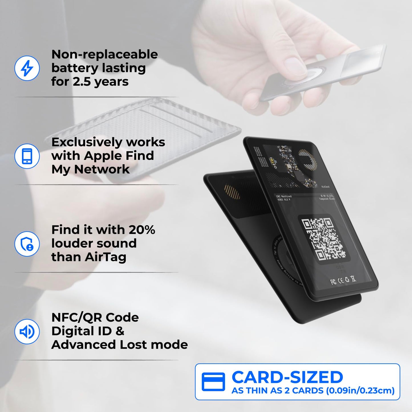 Aircard - Bluetooth Tracker Item Finder, NFC Tag + QR Code Business Card, Compatible with Apple Find My, Locator for Wallets, Luggages, Backpacks, Battery Life 2.5Y, Ultra Slim 2.2Mm