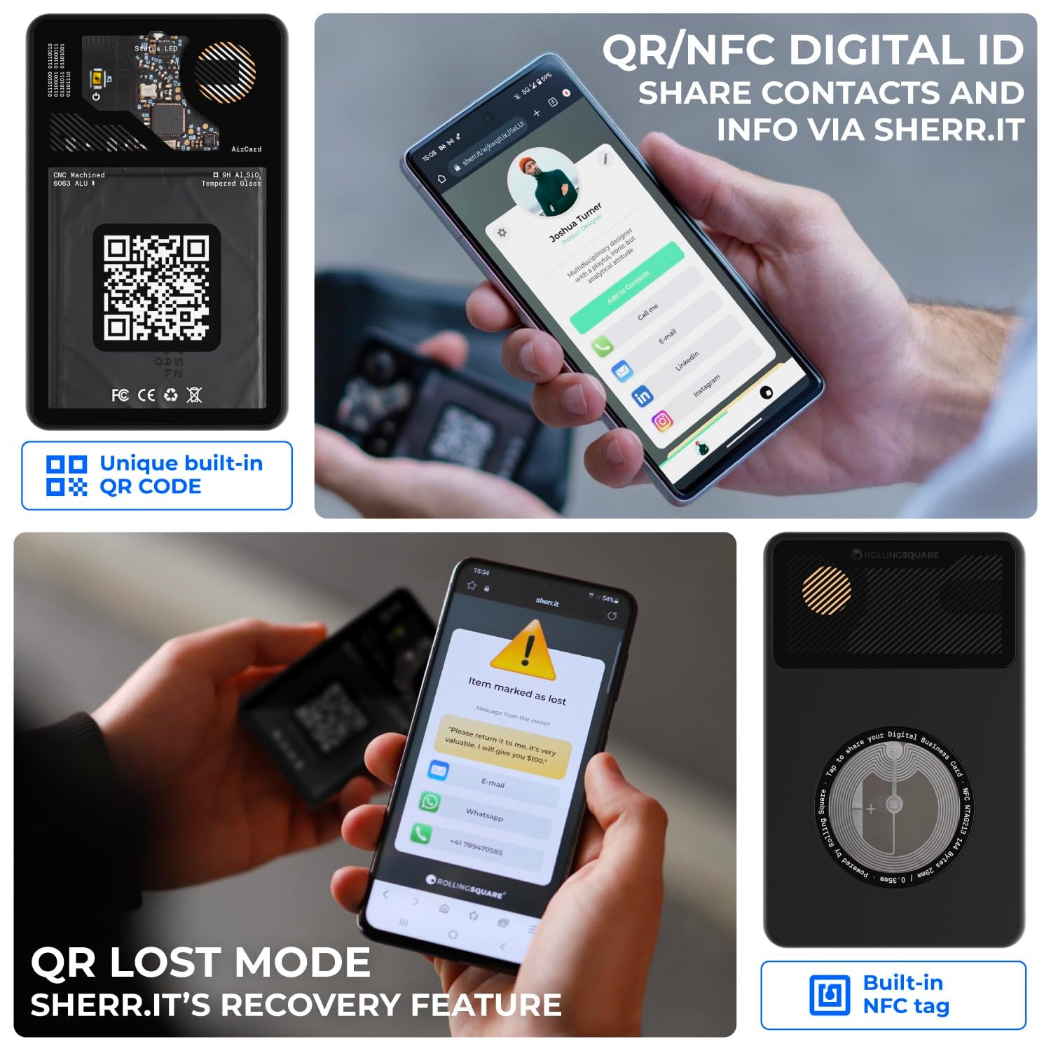 Aircard - Bluetooth Tracker Item Finder, NFC Tag + QR Code Business Card, Compatible with Apple Find My, Locator for Wallets, Luggages, Backpacks, Battery Life 2.5Y, Ultra Slim 2.2Mm