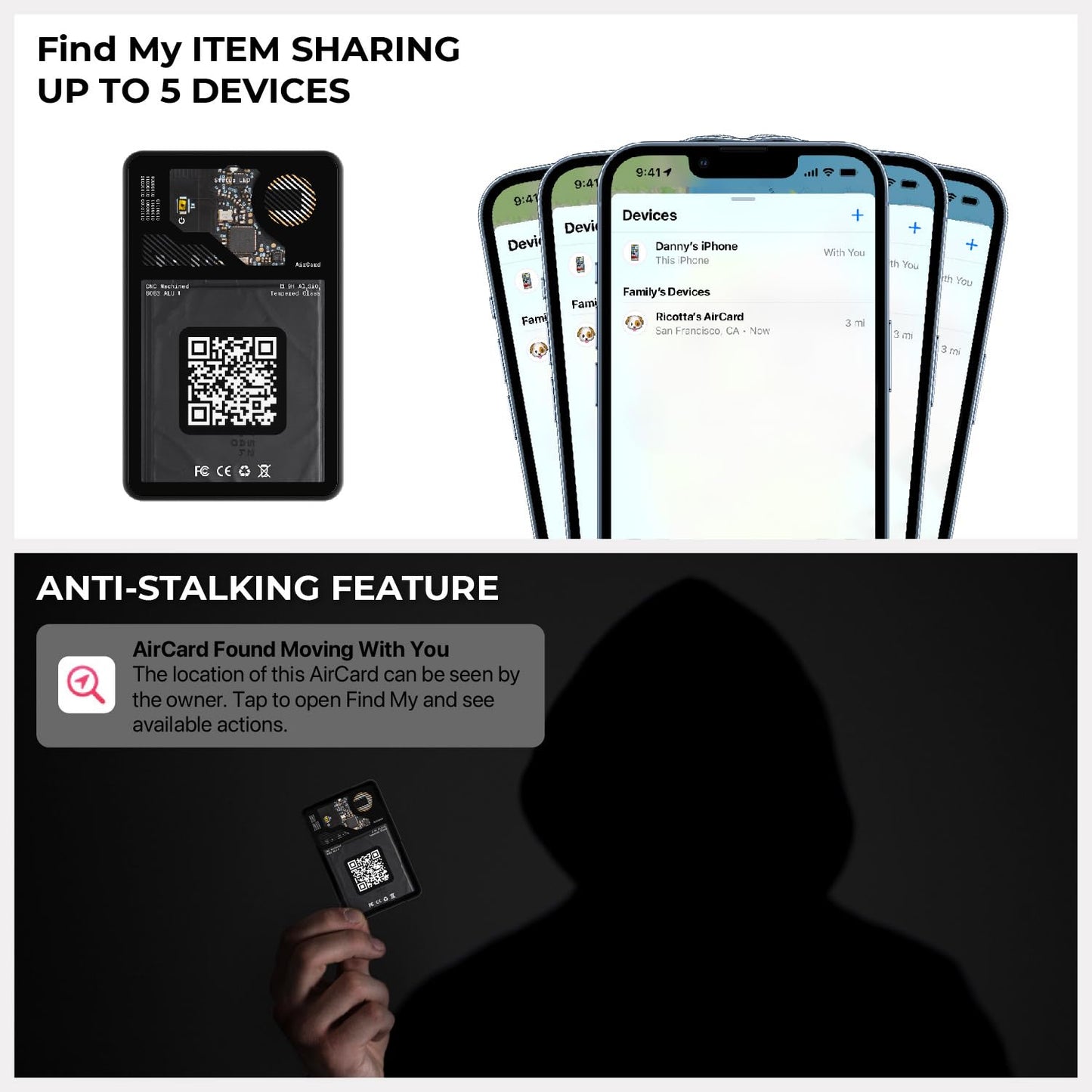 Aircard - Bluetooth Tracker Item Finder, NFC Tag + QR Code Business Card, Compatible with Apple Find My, Locator for Wallets, Luggages, Backpacks, Battery Life 2.5Y, Ultra Slim 2.2Mm