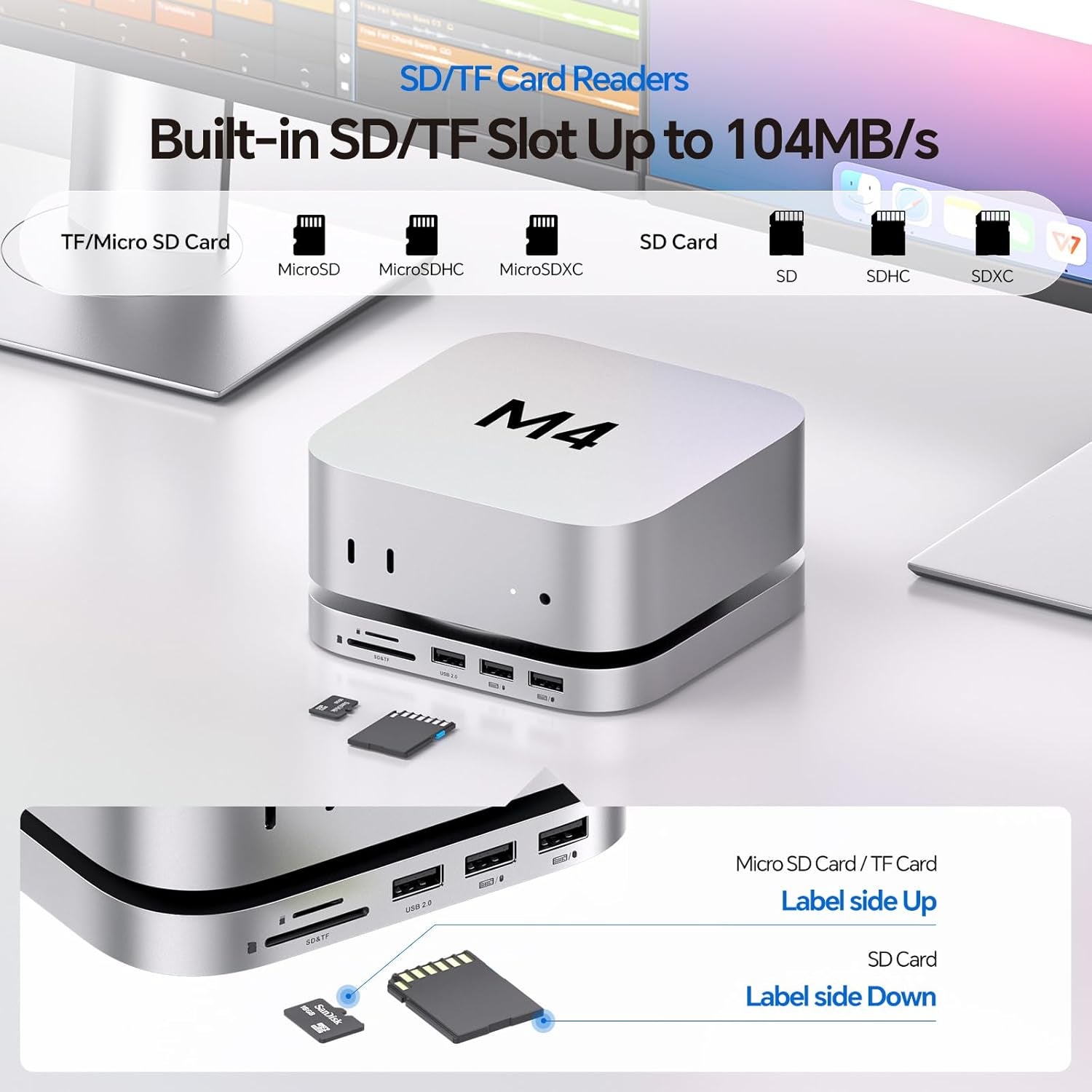 Mac Mini M4 Dock Stand with DP 4K 144Hz & HDMI 4K 60Hz, Mac Mini M4 Pro Hub with 4TB Nvme SSD Enclosure (SSD NOT Included), 3 USB a 2.0, SD/TF 3.0, 3.5Mm Audio/Mic, USB C Hub for Ma-C M-Ini 2024