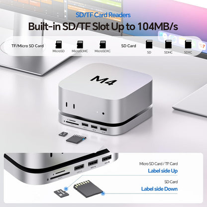 Mac Mini M4 Dock Stand with DP 4K 144Hz & HDMI 4K 60Hz, Mac Mini M4 Pro Hub with 4TB Nvme SSD Enclosure (SSD NOT Included), 3 USB a 2.0, SD/TF 3.0, 3.5Mm Audio/Mic, USB C Hub for Ma-C M-Ini 2024