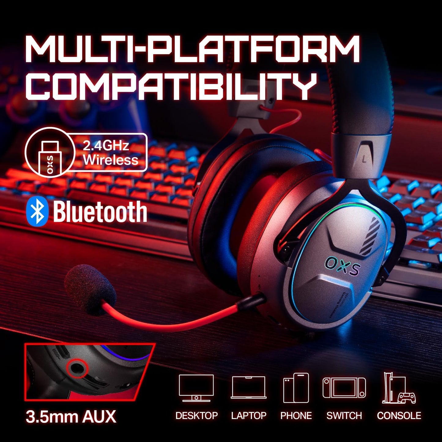 Storm G2 Wireless Gaming Headset, 7.1 Virtual Surround Sound, 3 EQ Modes, 2.4Ghz Low Latency, 50Mm Driver, 40H Playtime, RGB Light,Bluetooth 5.3, Compatible with PC, Console, Mobile, Black