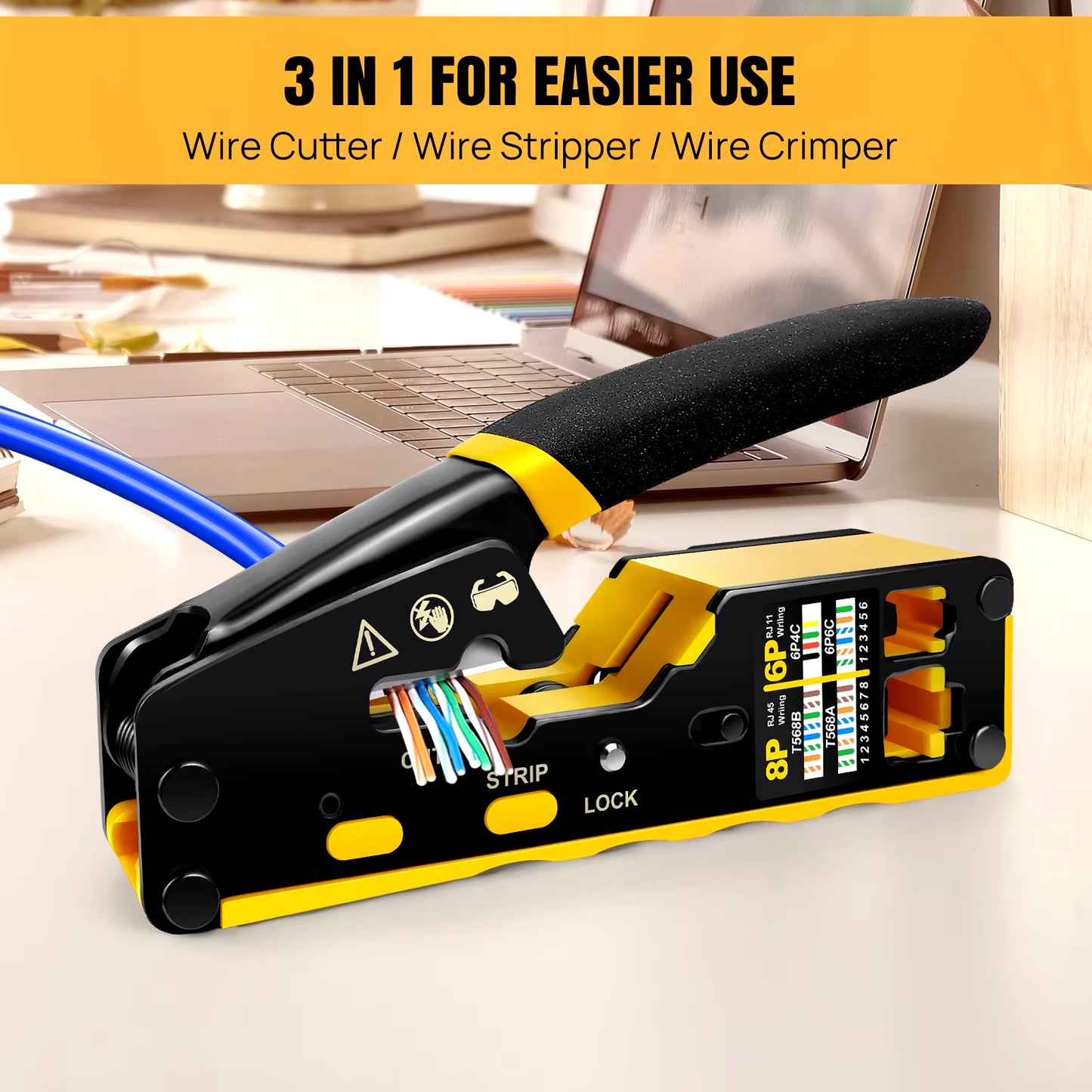 Pass through RJ45 Crimp Tool Kit Ethernet Crimper CAT5 Cat5E Cat6 Crimping Tool Kit 3 in 1 - Crimp Cutting Peeling