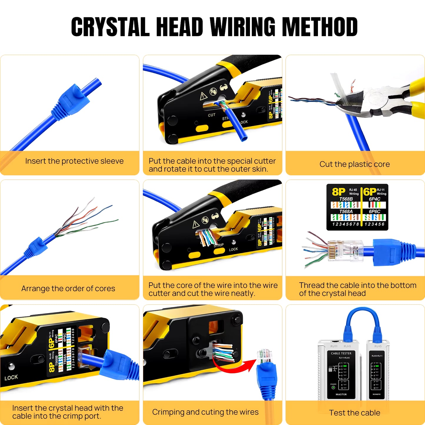 Pass through RJ45 Crimp Tool Kit Ethernet Crimper CAT5 Cat5E Cat6 Crimping Tool Kit 3 in 1 - Crimp Cutting Peeling