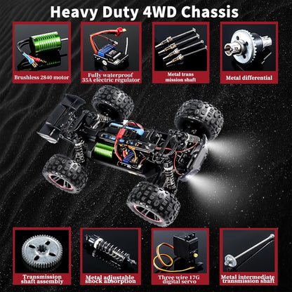 Brushless RC Cars, 75KM/H High Speed Remote Control Car, 4WD 1:14 Scale All Terrain off Road Monster Truck, 2.4 Ghz Racing Car Waterproof 2 Battery 50 Min Car Toy for Kids and Adults