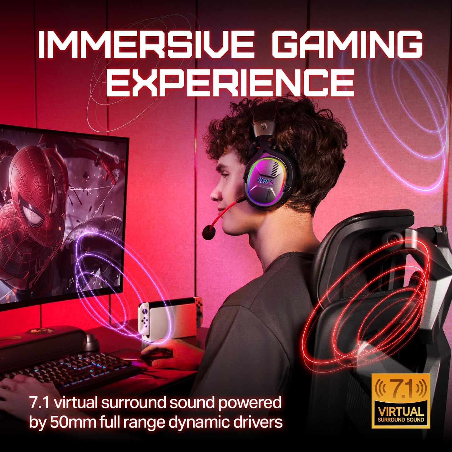 Storm G2 Wireless Gaming Headset, 7.1 Virtual Surround Sound, 3 EQ Modes, 2.4Ghz Low Latency, 50Mm Driver, 40H Playtime, RGB Light,Bluetooth 5.3, Compatible with PC, Console, Mobile, Black