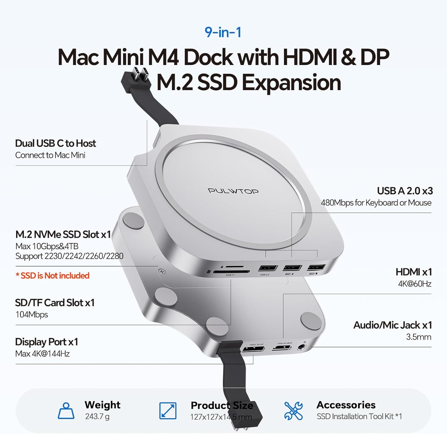 Mac Mini M4 Dock Stand with DP 4K 144Hz & HDMI 4K 60Hz, Mac Mini M4 Pro Hub with 4TB Nvme SSD Enclosure (SSD NOT Included), 3 USB a 2.0, SD/TF 3.0, 3.5Mm Audio/Mic, USB C Hub for Ma-C M-Ini 2024