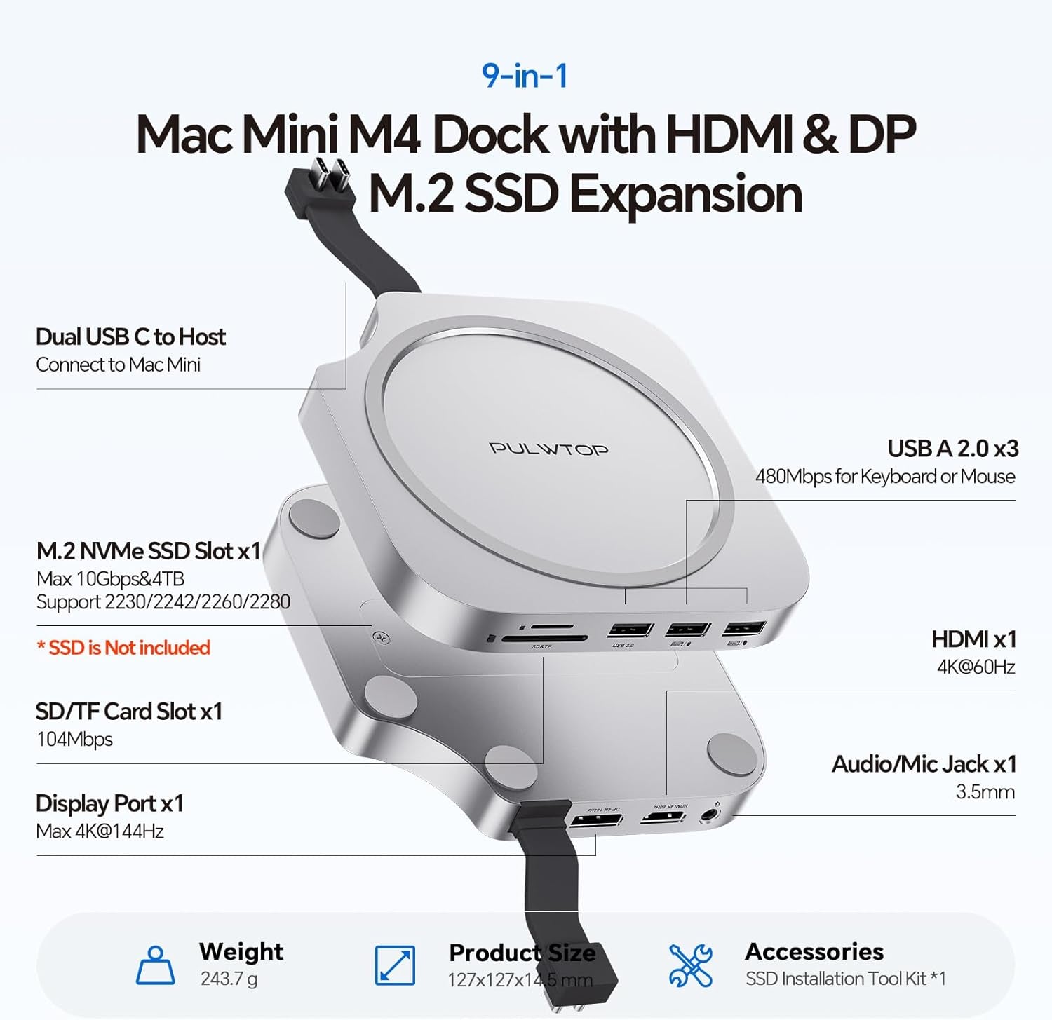 Mac Mini M4 Dock Stand with DP 4K 144Hz & HDMI 4K 60Hz, Mac Mini M4 Pro Hub with 4TB Nvme SSD Enclosure (SSD NOT Included), 3 USB a 2.0, SD/TF 3.0, 3.5Mm Audio/Mic, USB C Hub for Ma-C M-Ini 2024
