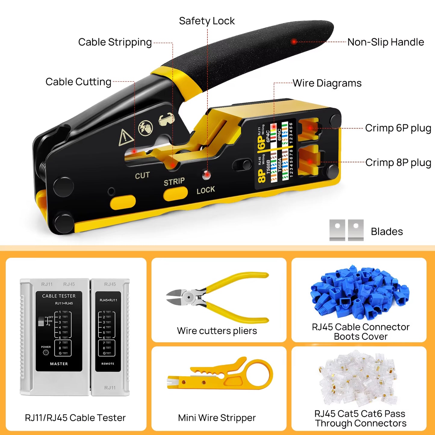 Pass through RJ45 Crimp Tool Kit Ethernet Crimper CAT5 Cat5E Cat6 Crimping Tool Kit 3 in 1 - Crimp Cutting Peeling