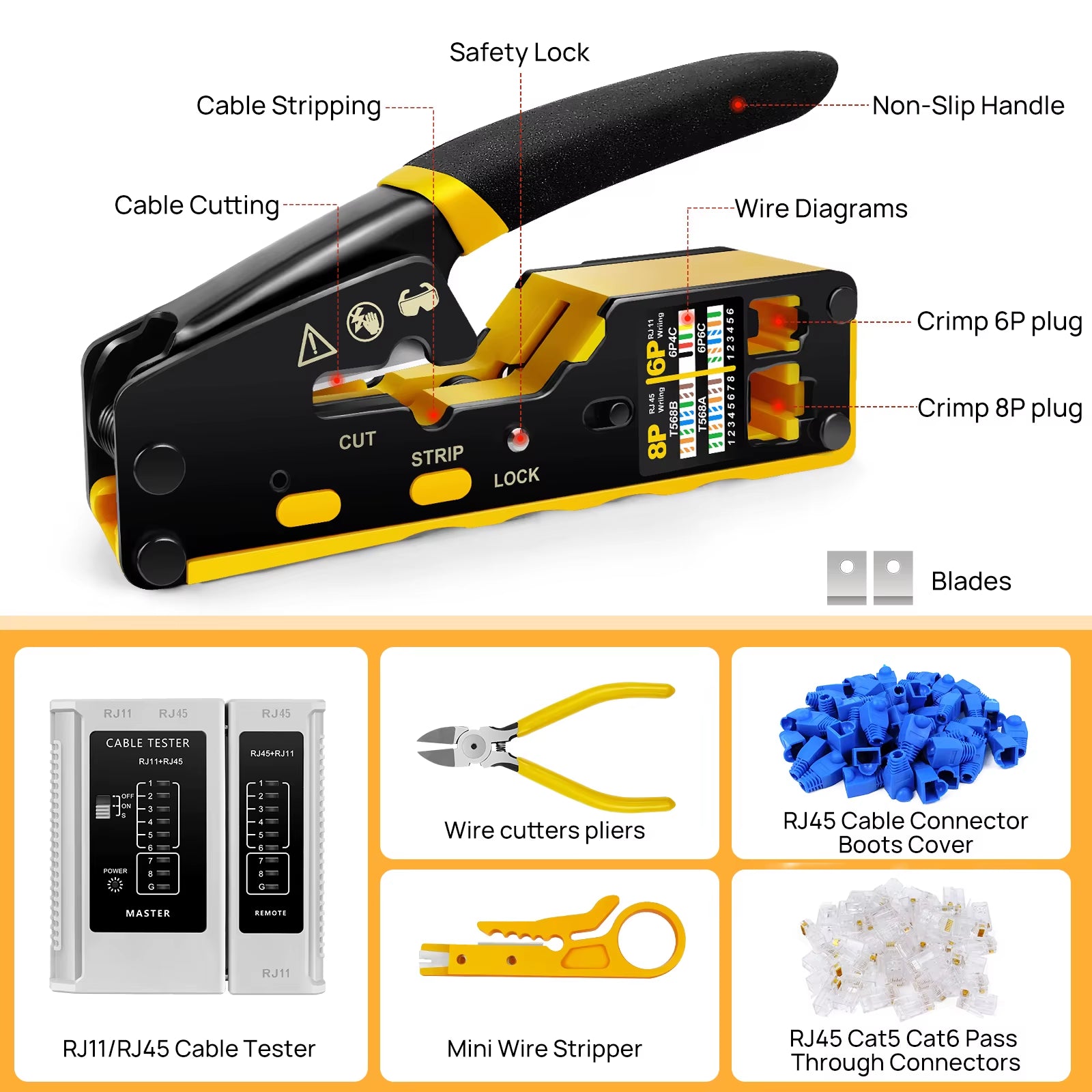 Pass through RJ45 Crimp Tool Kit Ethernet Crimper CAT5 Cat5E Cat6 Crimping Tool Kit 3 in 1 - Crimp Cutting Peeling