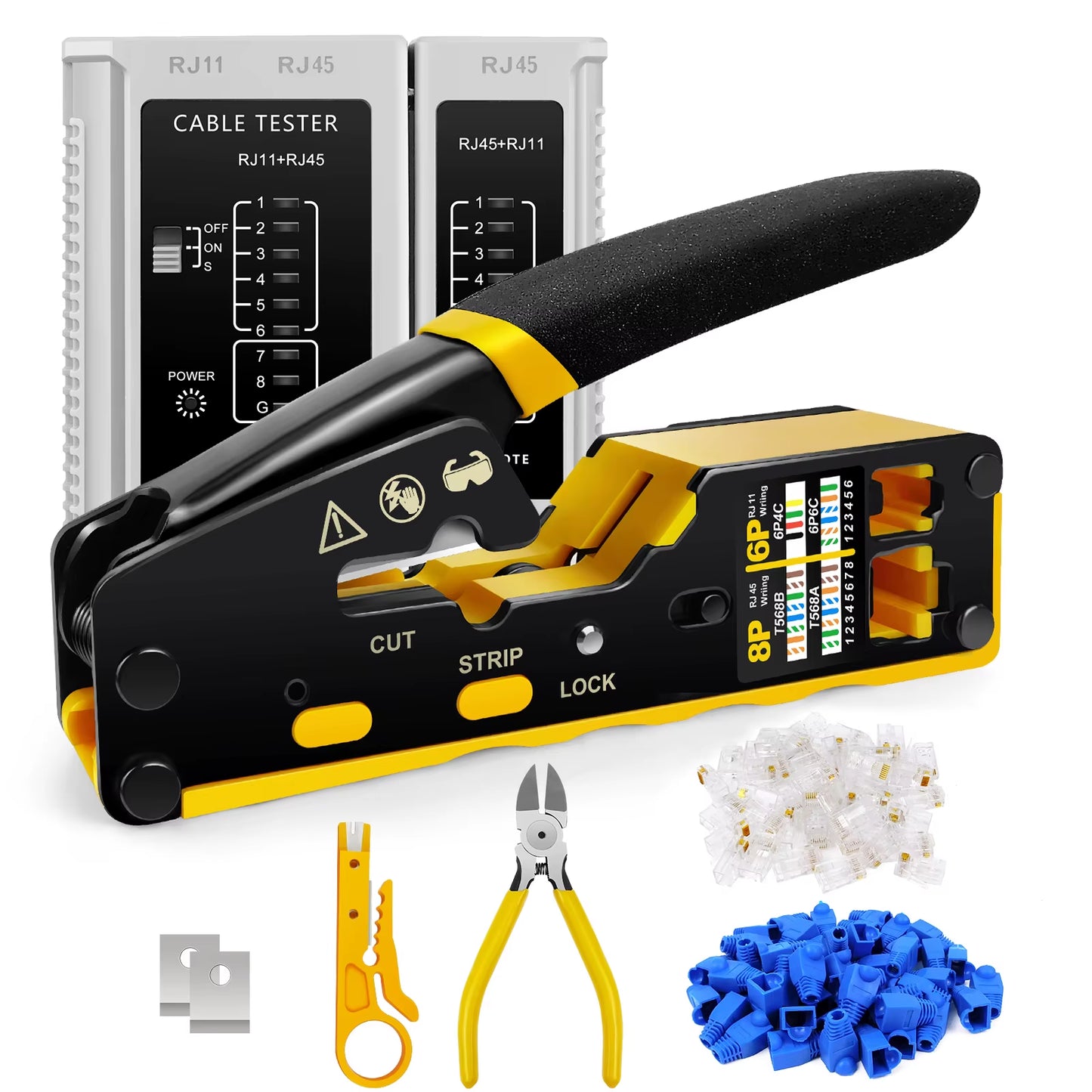 Pass through RJ45 Crimp Tool Kit Ethernet Crimper CAT5 Cat5E Cat6 Crimping Tool Kit 3 in 1 - Crimp Cutting Peeling