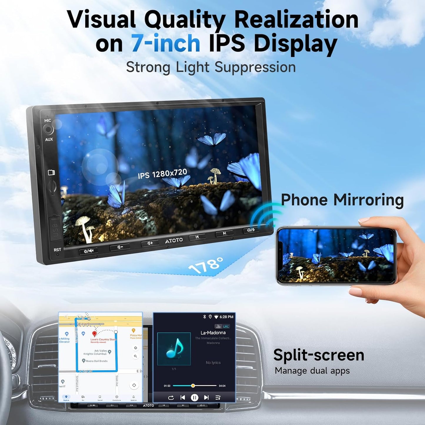 A5L Android Double DIN Car Stereo, Wireless Carplay & Android Auto, 7Inch Touchscreen Car Radio, Wifi/Bluetooth/Usb Tethering, 24B-EQ DSP, Mirrorlink, 2G+32G, FM/RDS, AI Chat, GPS Tracking